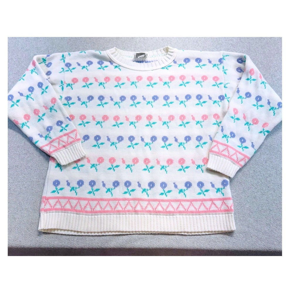 Alicia Floral Knit Sweater Womens L White Pastel Vintage Grandmacore Retro Cozy